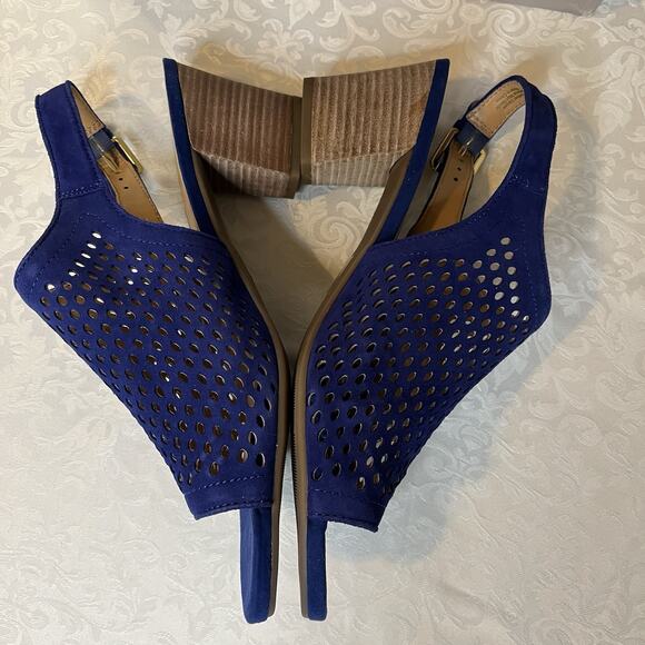 Franco Sarto Navy Blue Leather Suede Block Heel Sandals Size 10 NEW - Picture 2 of 7